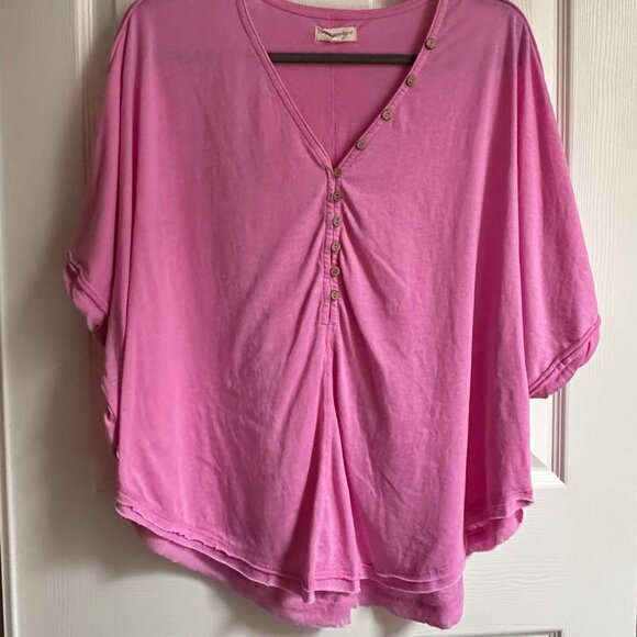 Simply Southern Women's XXL Loose Fit Pink Dolman Henley T-shirt - Raw Hem - Picture 1 of 10